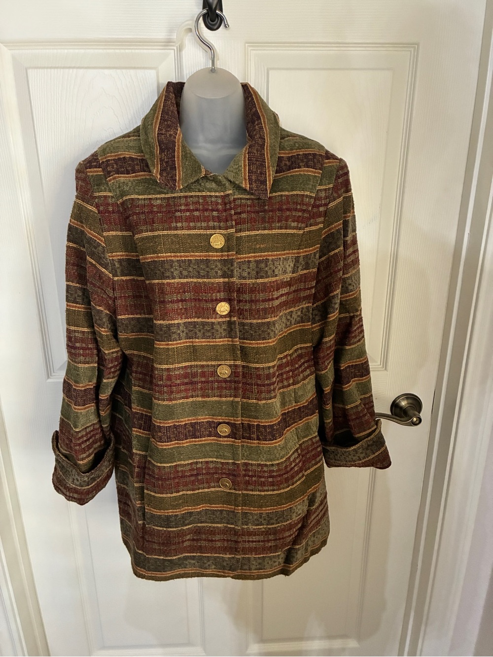Striped Button-Front Blazer Jacket in Olive & Burgundy